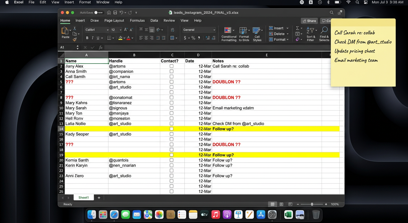 Tableur Excel désorganisé — leads Instagram non suivis
